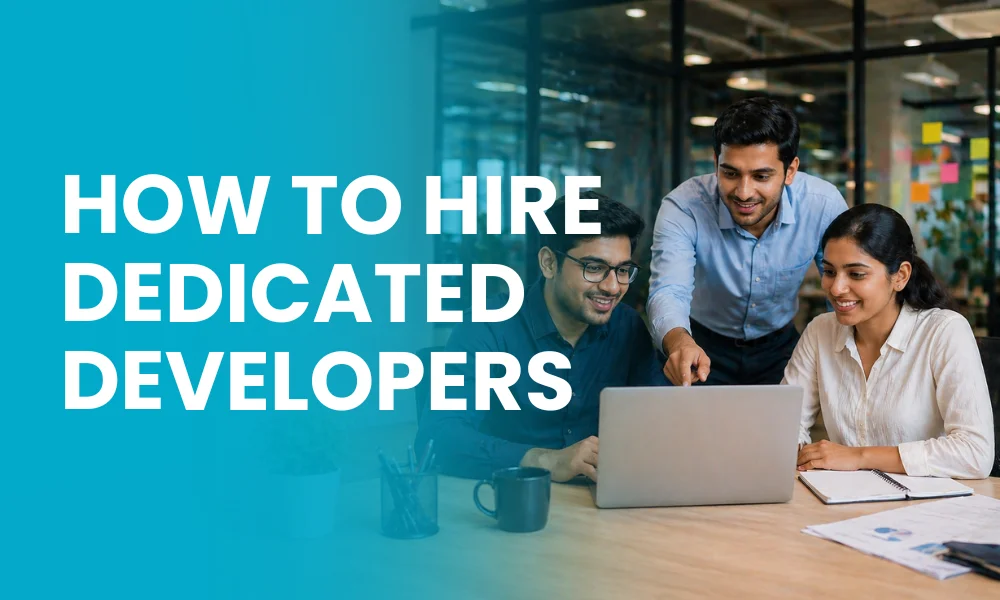 Team discussing project while hiring dedicated developers using a laptop in office